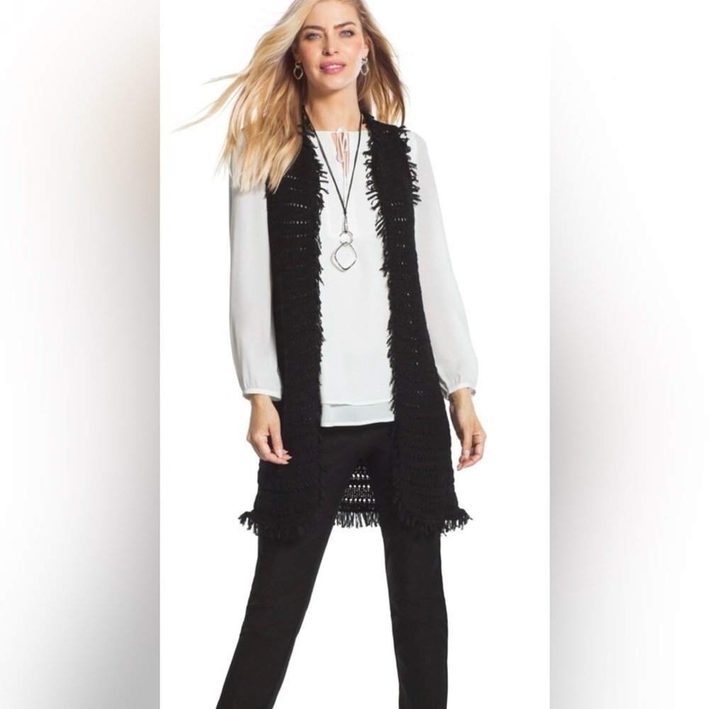 CHICO’S Black open knit Francine sleeveless duster cardigan size 1(2-4).